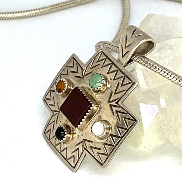 Vintage Navajo Cross Pendant Garnet Turquoise Amber Onyx Moonstone. Sterling - Picture 3 of 6